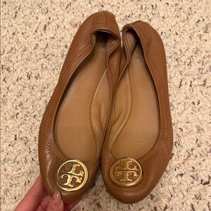 Tory Burch Brown Leather Flats with Gold Logo